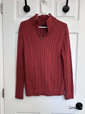 Denver Hayes Men's Cable Knit Quarter Zip-Up Sweater in Rust